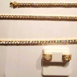 14kt Gold fill over stainless steel Tennis Chain,Bracelet and earrings combo.